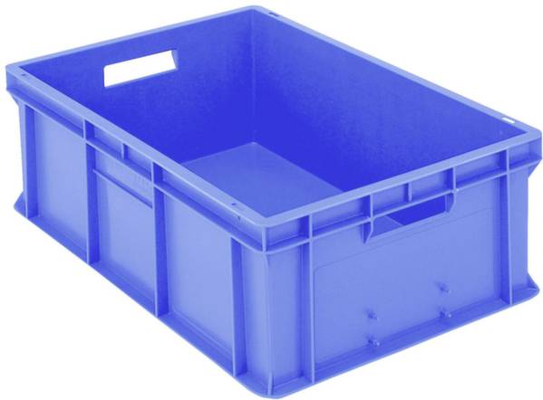 Blaue Kunststoffkiste mit rechteckiger Form und Griffen an den Seiten, häufig verwendet zur Lagerung oder Transport von Waren.