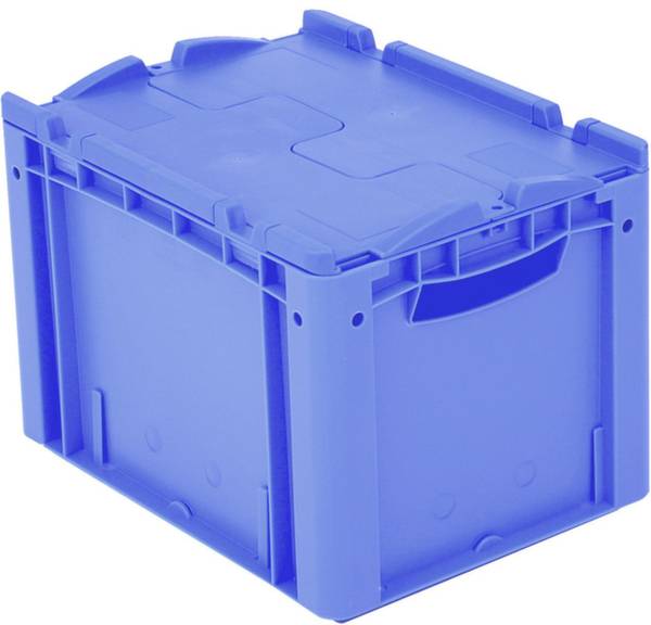 Blauer Kunststoffbehälter mit Deckel, stapelbar und robust, geeignet für Lagerung und Transport von Waren oder Materialien.