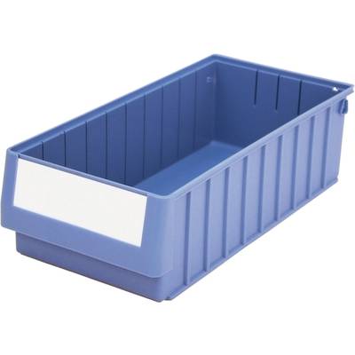 Blaue Kunststoff-Lagerbox mit offenem Deckel und Etikettenfeld an der Vorderseite. Geeignet zur Aufbewahrung von Kleinteilen.