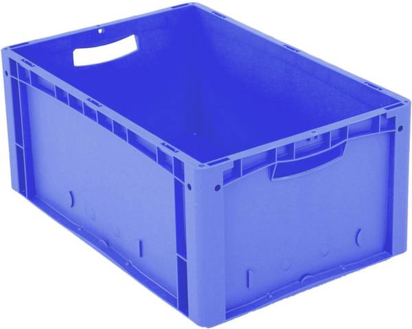 Blaue Kunststoffkiste mit Griffloch an der Seite, ideal zum Lagern und Transportieren von Waren.