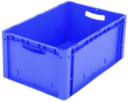 Blaue Kunststoffkiste mit rechteckiger Form und Grifföffnung an der Seite. Ideal für Lagerung und Transport von Gegenständen.