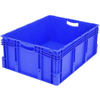 Blaue Kunststoffkiste mit Griffen, rechteckig, verwendet zum Lagern oder Transportieren von Gegenständen.