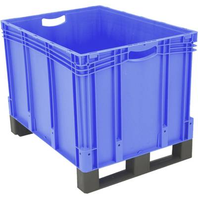 Blaue Kunststoff-Transportbox auf schwarzem Palettenboden; robust strukturiert für Lager- und Transportzwecke.