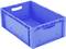Eine blaue Kunststoffkiste, rechteckig mit Griffen an den Seiten, steht aufrecht. Sie wird oft für Lagerung und Transport verwendet.
