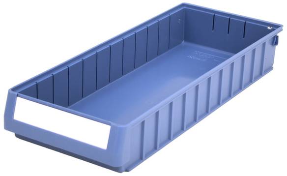 Längliche blaue Kunststoffbox mit geriffeltem Rand und weißem Beschriftungsfeld vorne.