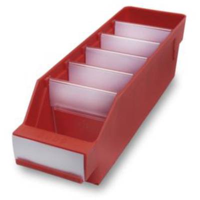 Rote Sortierbox mit fünf transparenten Trennwänden zur Aufbewahrung kleiner Objekte. Ideal für Büro oder Werkstattorganisation.