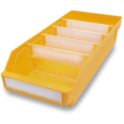 Gelbe Aufbewahrungsbox mit vier transparenten Trennwänden, geeignet zur Organisation kleinerer Gegenstände im Büro oder Haushalt.