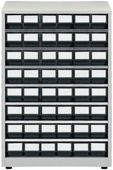 Ein Schrank mit acht Reihen von jeweils sechs kleinen Schubladen, geeignet zur Aufbewahrung von Kleinteilen oder Werkzeugen.