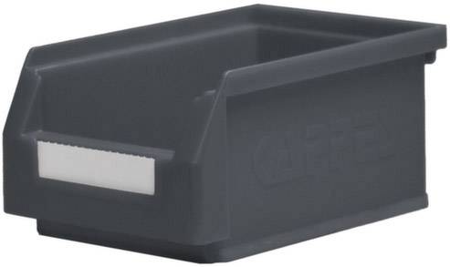 Eine schwarze Aufbewahrungsbox aus Kunststoff mit einem beschriftbaren Etikettenhalter an der Vorderseite.