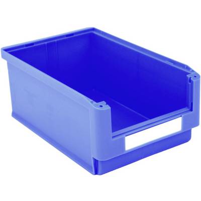 Blaue Plastikbox mit offenem vorderem Ende und leerem Innenraum zur Aufbewahrung von Gegenständen.