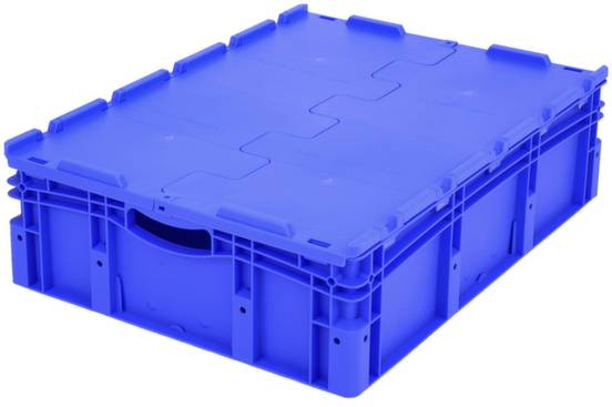 Blaue, rechteckige Kunststoffbox mit Deckel, gestaltet für Lagerung oder Transport.