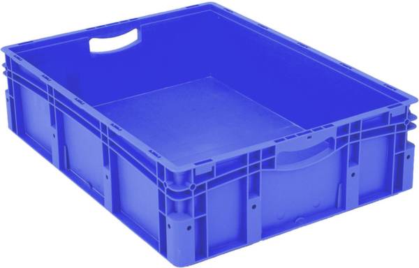 Eine blaue, rechteckige Plastikbox mit Griffen an den Seiten, steht aufrecht. Ideal für Lagerung und Transport.
