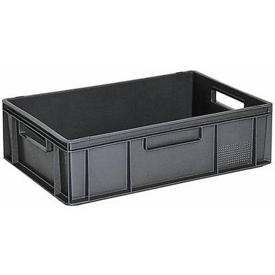 Eine schwarze Kunststoffkiste mit seitlichen Griffen, die sich für Lagerung oder Transport eignet.