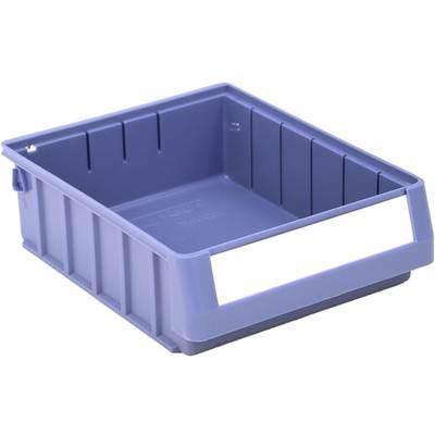 Lila Kunststoffbox mit offenen Seiten und einem beschriftbaren Feld an der Vorderseite, geeignet zur Aufbewahrung von Materialien.