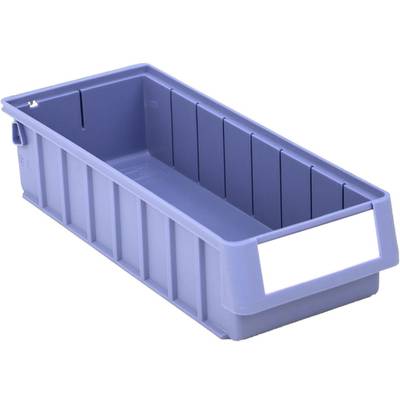 Graue Kunststofflagerbox mit rechteckiger Form und Etikettenhalter an der Vorderseite. Geeignet zur Aufbewahrung von Kleinteilen.