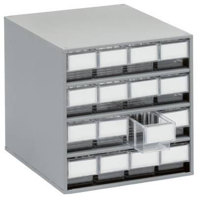 Graue Aufbewahrungsbox mit mehreren transparenten Schubladen; eine Schublade ist leicht geöffnet. Ideal zur Organisation kleiner Teile.