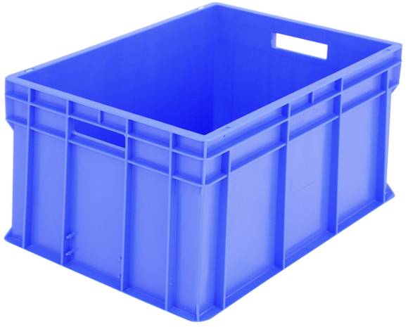 Blaue Plastikbox mit rechteckiger Form und Grifföffnungen an den Seiten, geeignet für Transport und Lagerung von Gegenständen.