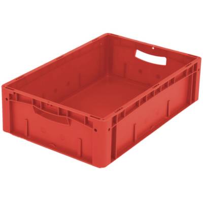 Rote Kunststoffkiste mit Griffen, rechteckig, stapelbar. Ideal für Transport oder Lagerung von Waren.