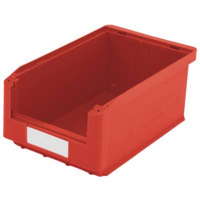Rote Kunststoffbox mit offenem Deckel und rechteckigem Etikettenfeld an der Vorderseite. Geeignet für die Lagerung und Organisation.