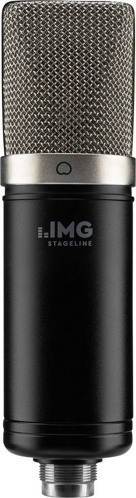 Ein schwarzes Kondensatormikrofon mit silbernem Kopf, geeignet für Studioaufnahmen, aufrecht stehend, vor einem einfarbigen Hintergrund.