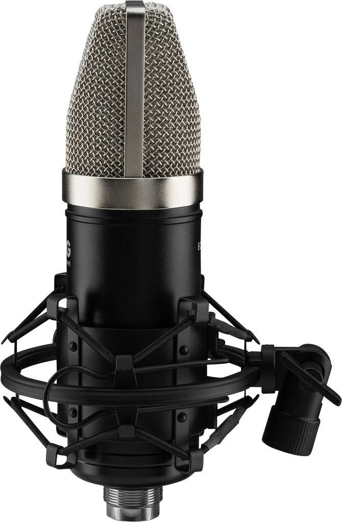 Schwarzes Studiomikrofon mit stoßdämpfender Halterung, vorne und oben silbernes Gitter. Ideal für professionelle Tonaufnahmen.