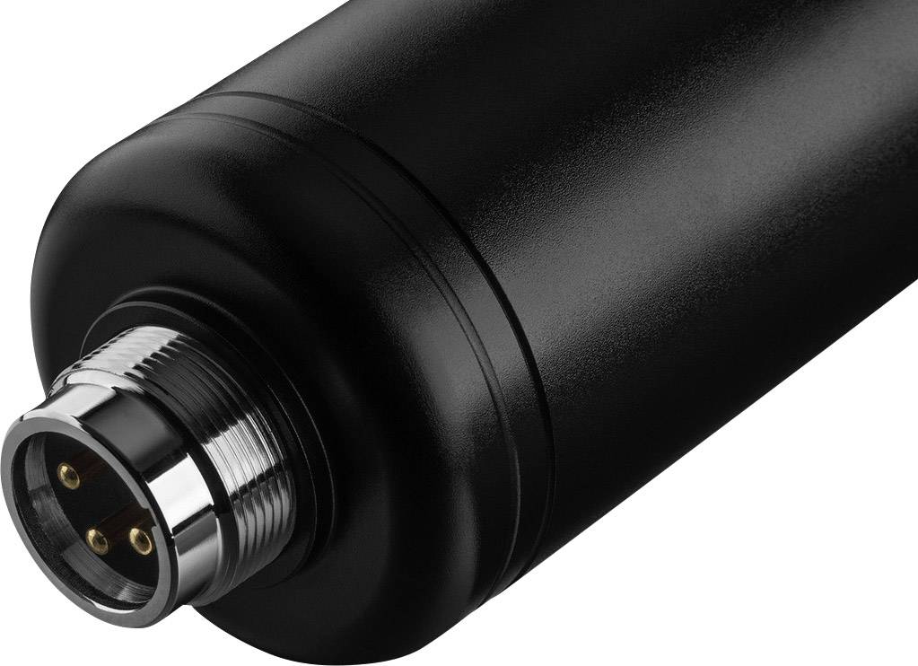 Schwarzer zylindrischer Adapter mit Metallanschluss und drei goldfarbenen Kontakten.