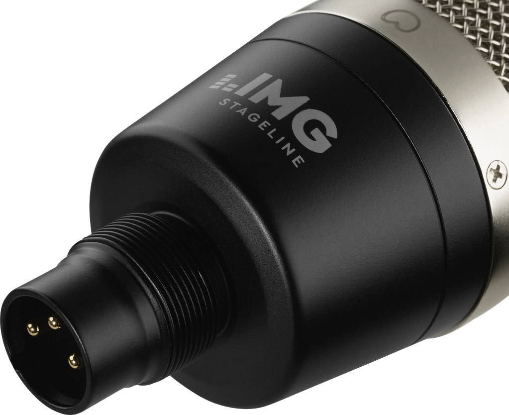 Nahaufnahme eines schwarzen Mikrofonanschlusses mit drei Pins, beschriftet mit 'IMG Stageline'.