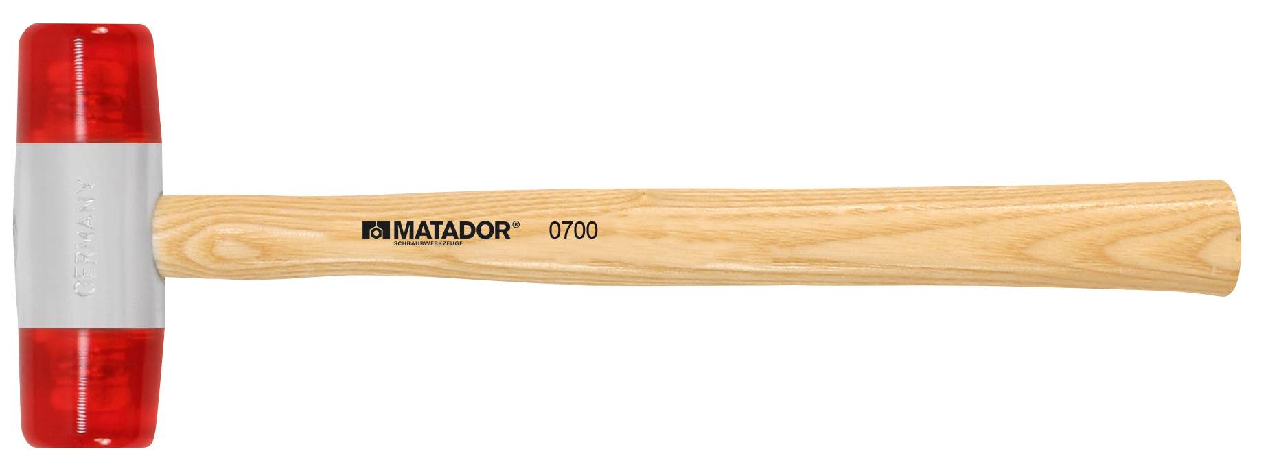 'Matador 0700 Schonhammer' mit rotem Kunststoffkopf und Holzgriff, geeignet für empfindliche Oberflächen.