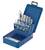 Metallschneidewerkzeug in einem offenen blauen Etui, das Metallbohrer und Gewindebohrer in verschiedenen Größen (M3-M12) enthält.