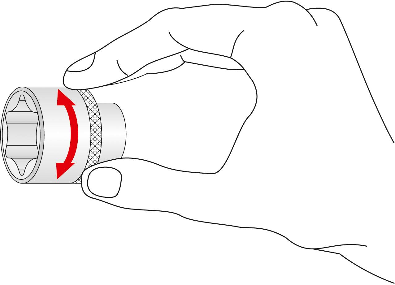 Eine Hand hält eine Sechskant-Stecknuss, Drehbewegung durch rote Pfeile angezeigt.
