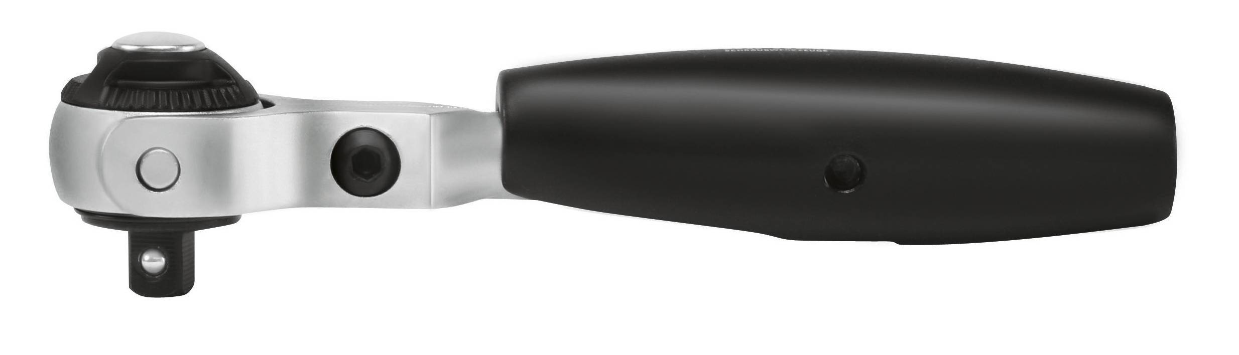 Ein silberner Ratsche mit schwarzem Griff, seitlich dargestellt.