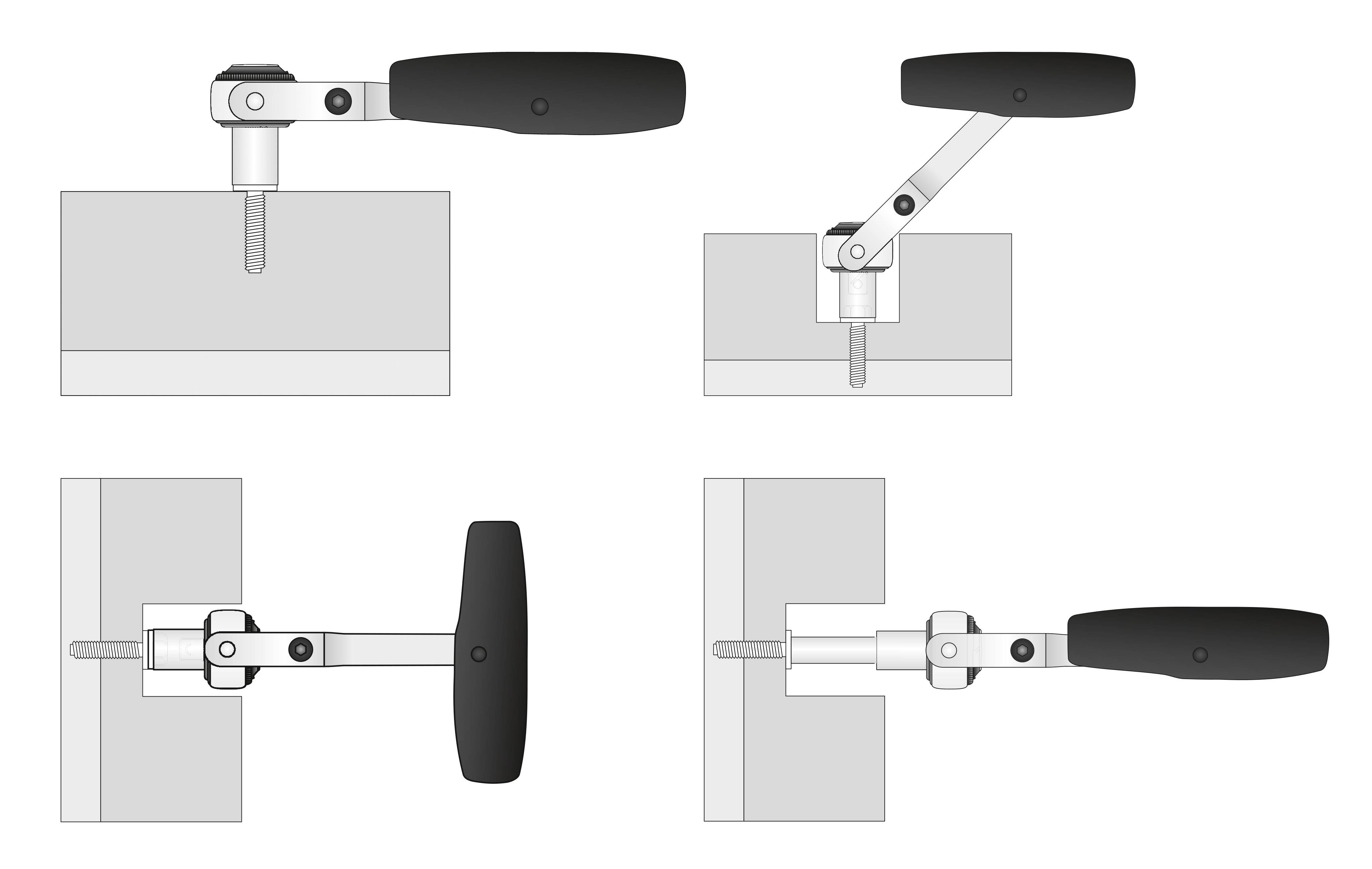 Vier technische Illustrationen eines Schnellspanners aus verschiedenen Ansichten: seitlich, offen, geschlossen und von oben.