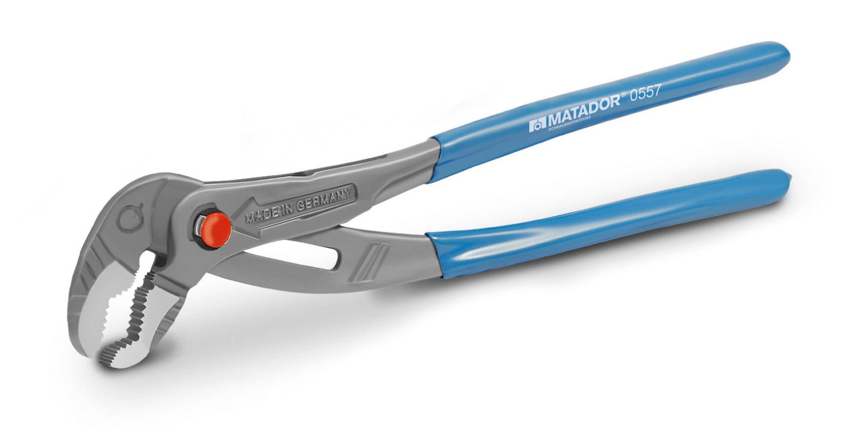 Ein verstellbarer Rohrzangenschlüssel mit blauen Griffen, Markenname 'MATADOR', auf der Backe mit 'MADE IN GERMANY' beschriftet.