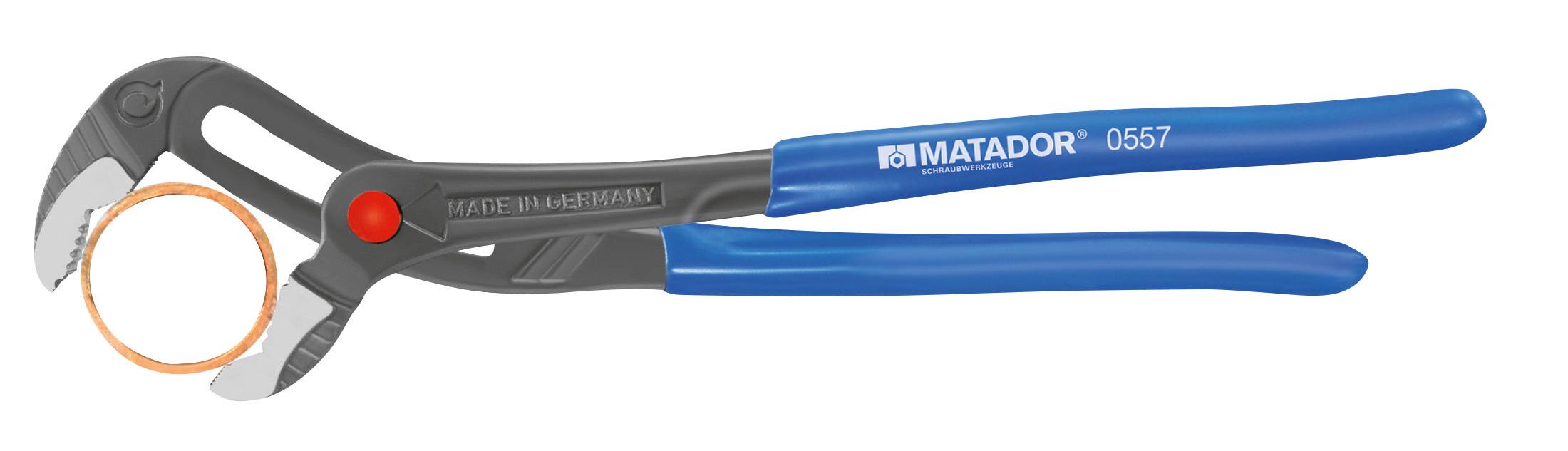 Werkzeug: Blaue Wasserpumpenzange mit grauer Greiffläche und rotem Gelenk. Marke 'MATADOR'. Geeignet zum Greifen von Rohren.