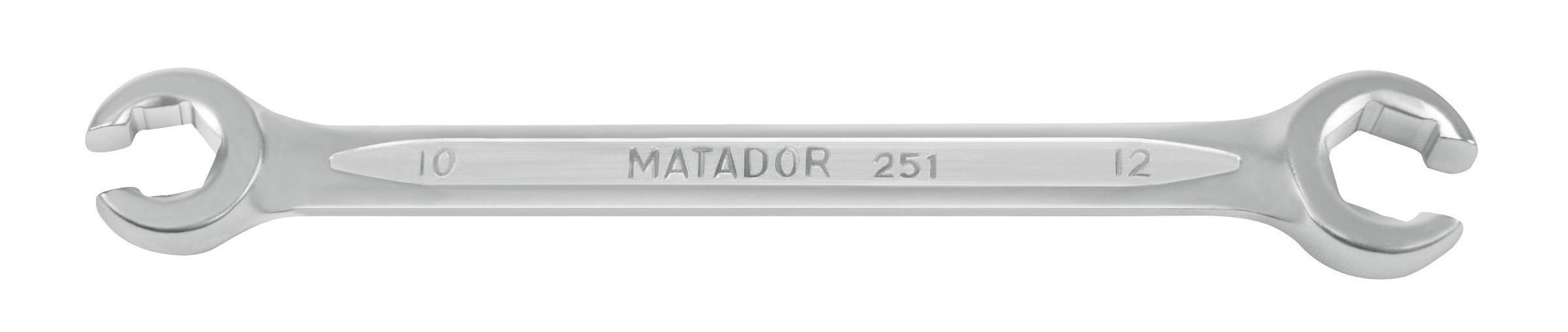Ein silberner Doppelringschlüssel mit offenen Enden, aufgestempelt ’MATADOR 251’, mit den Größen 10 und 12.