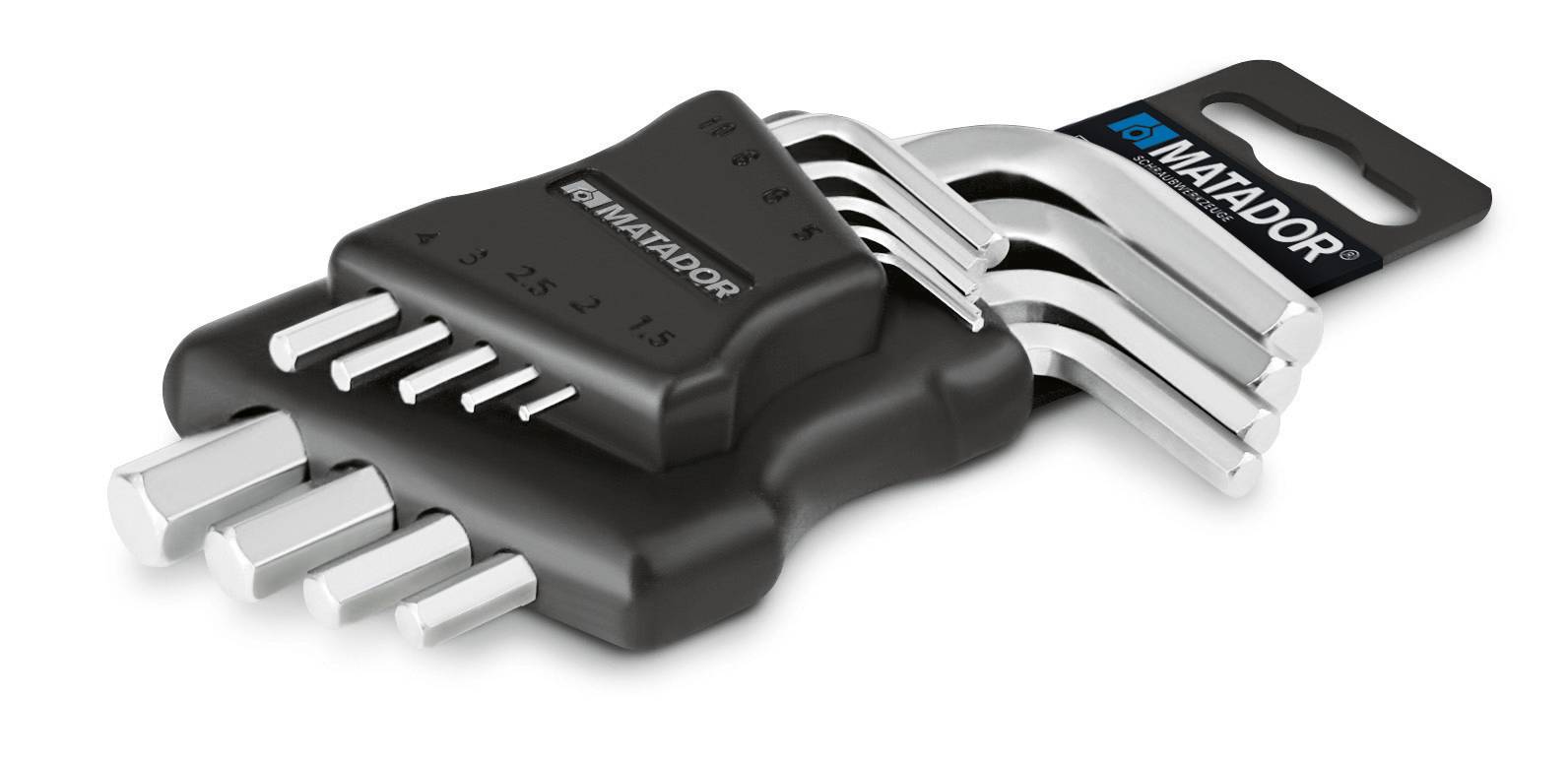 Satz Inbus-Schlüssel in verschiedenen Größen von 1,5 bis 10 mm, in einem schwarzen Halter mit der Aufschrift 'Matador'.