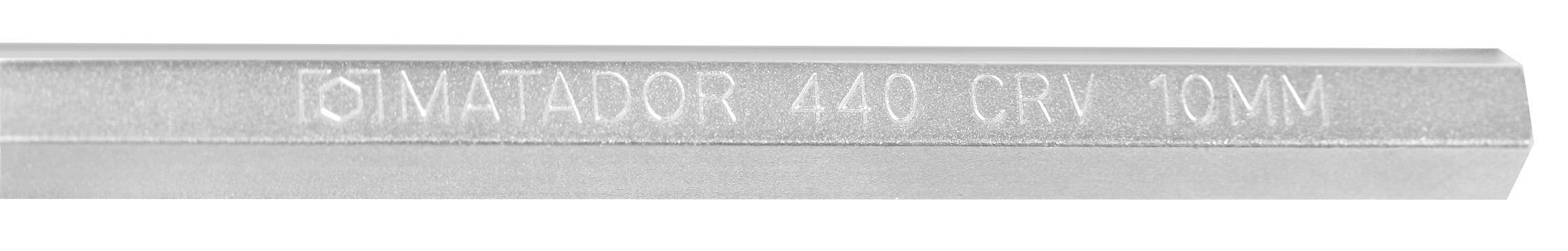 Sechskantiger Schraubenschlüssel mit der Aufschrift 'MATADOR 440 CRV 10MM' auf der Oberfläche.