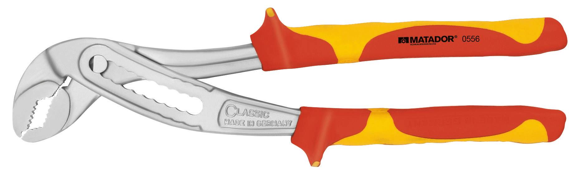 Eine rote und gelbe Rohrzange mit einem verstellbaren Maul und gummierten Griffen, geeignet für Installationsarbeiten.