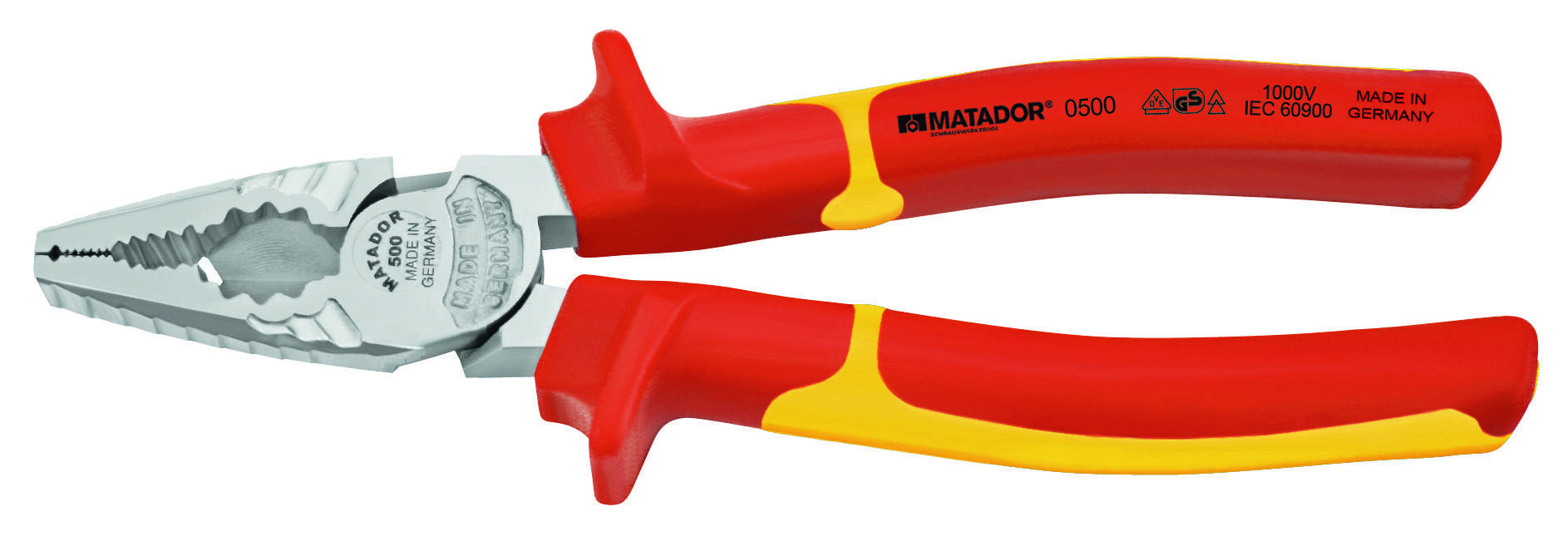 Zange mit roten und gelben Griffen, Markenname 'Matador' sichtbar. Geeignet für verschiedene mechanische Arbeiten.