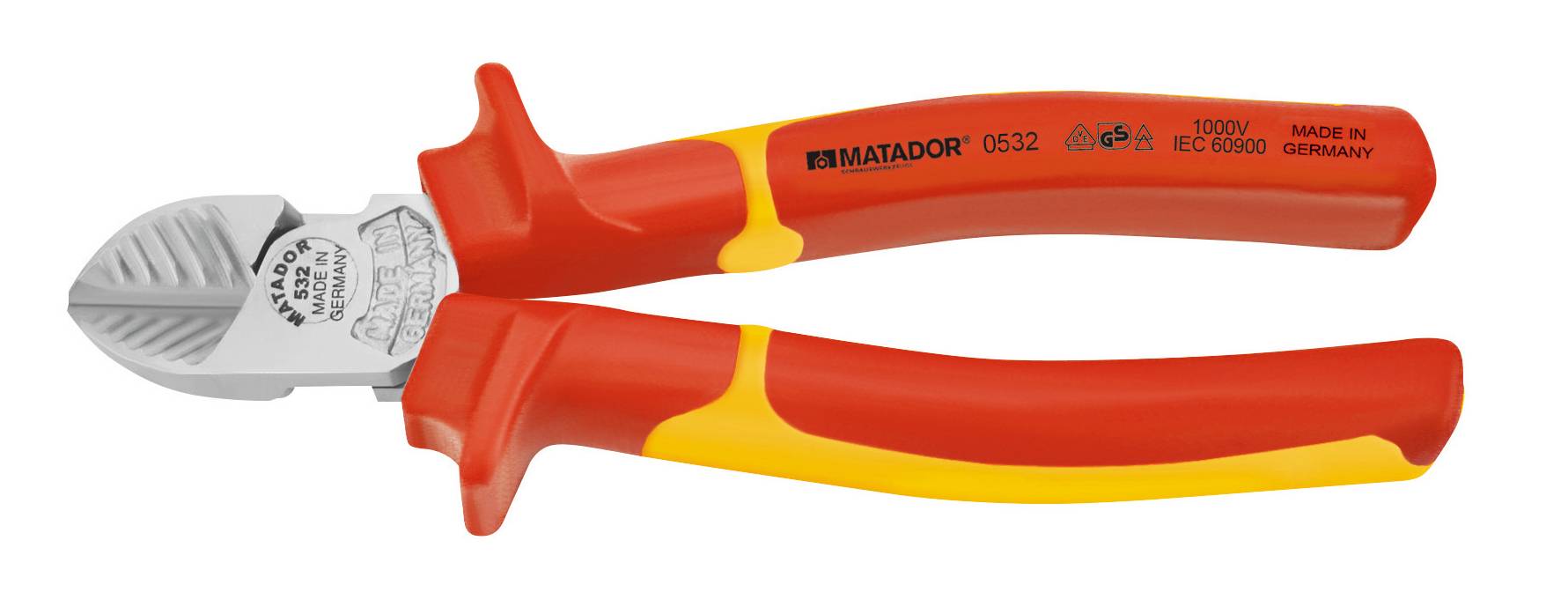 Seitenschneider mit roten und gelben ergonomischen Griffen, Aufschrift 'Matador', 'Made in Germany', geeignet für 1000V gemäß IEC 60900.