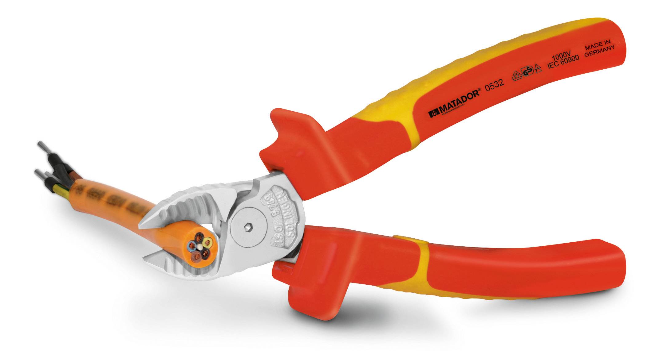 Abisolierzange mit roten und gelben Griffen, geeignet zum Abisolieren von Kabeln und Drähten.
