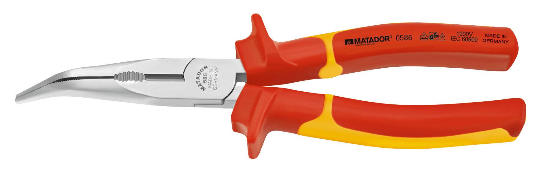 Rote und gelbe abgewinkelte Zange mit Griffen, geeignet für Arbeiten unter Spannung; markiert mit '1000v' und 'Made in Germany'.