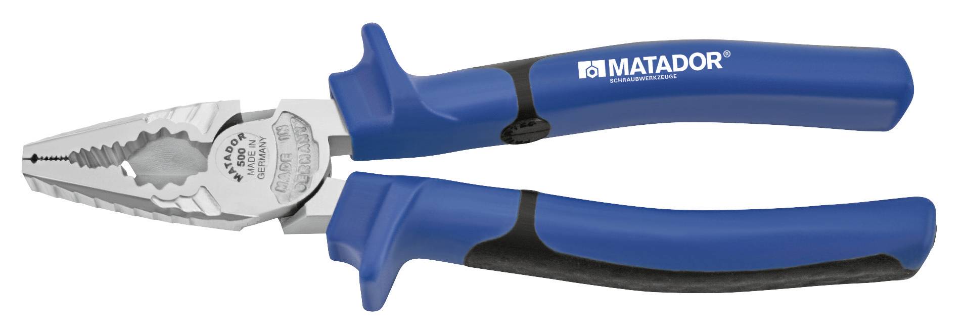 Eine blaue Kombinationszange mit ergonomischen Griffen und einer silbernen Spitze. Sie trägt die Aufschrift 'Matador'.