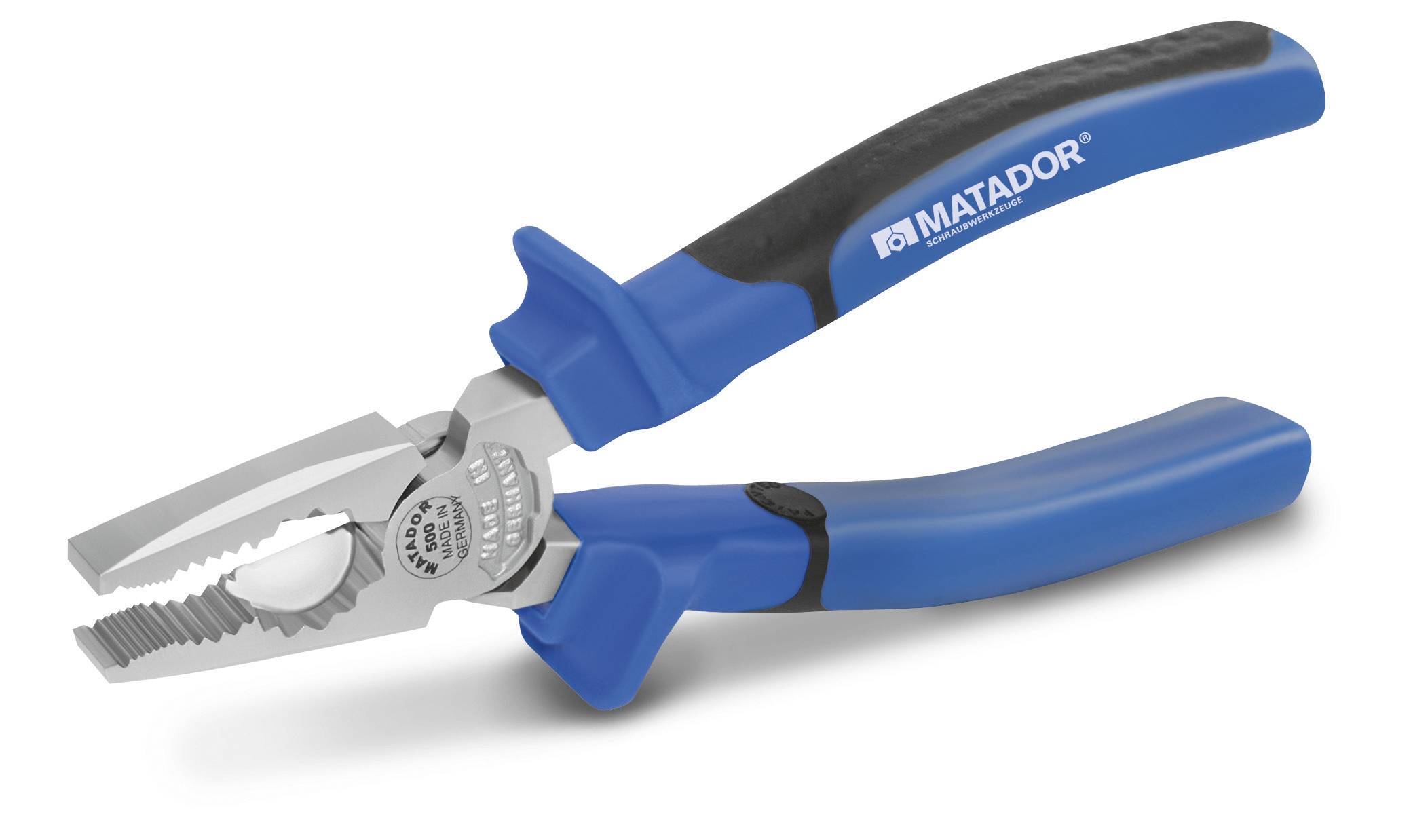 Eine blaue Kombizange mit ergonomischen Griffen, hergestellt von Matador. Die Zange zeigt Zähne und Schneideflächen.