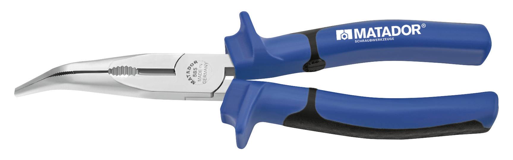 Eine blaue, schräg abgewinkelte Zange der Marke Matador, geeignet für präzise Arbeiten.