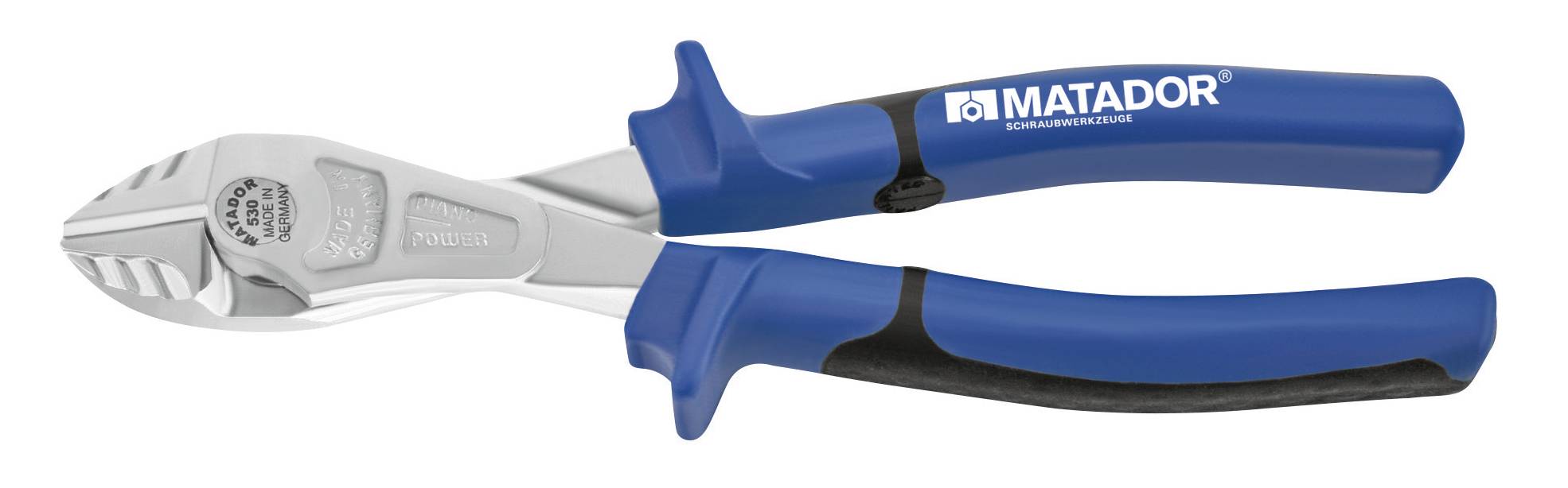 Blauer Seitenschneider mit schwarzem Griff und dem Logo 'MATADOR' auf dem Griff. Werkzeug zum Schneiden von Drähten.