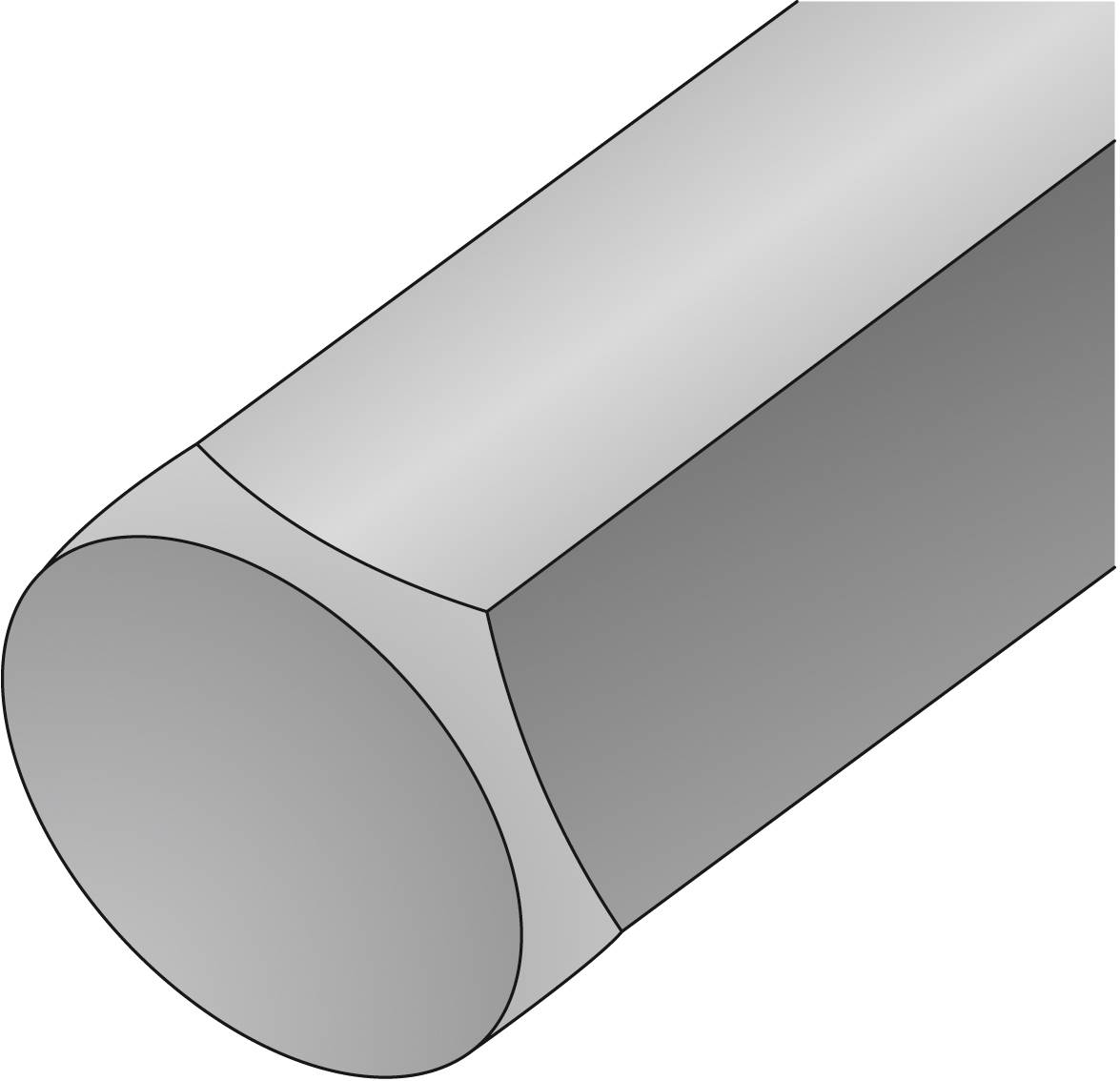Eine Schnittansicht eines runden Metallzylinders mit schattierten Flächen, die die Dimensionen und Form veranschaulichen.