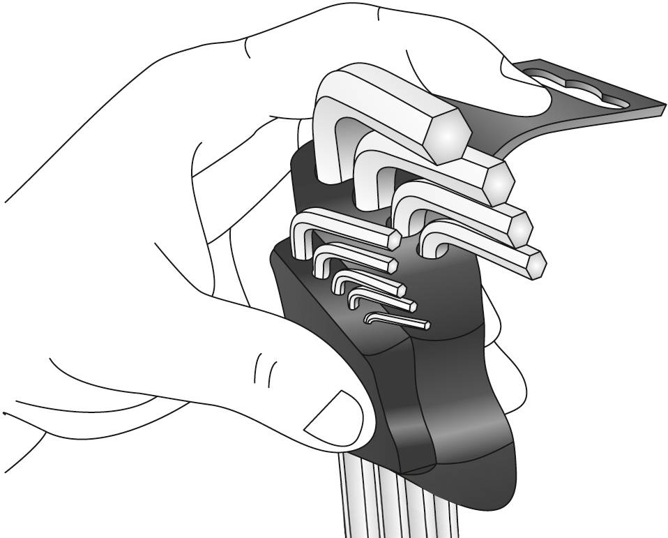 Eine Hand hält ein Set von Inbusschlüsseln in verschiedenen Größen in einem schwarzen Halter.
