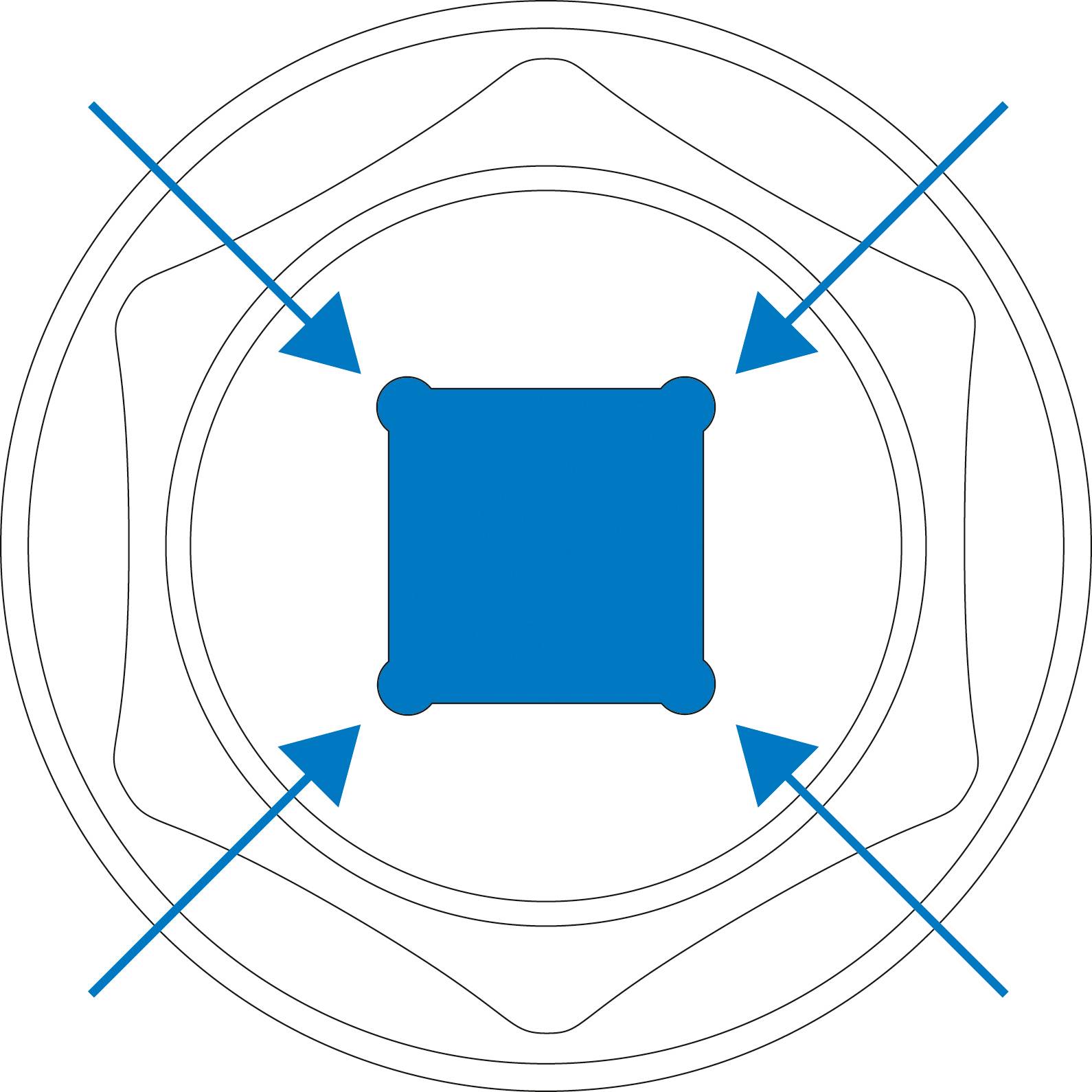 Ein blaues Quadrat in der Mitte eines runden Musters mit vier Pfeilen, die von außen auf das Quadrat zeigen.