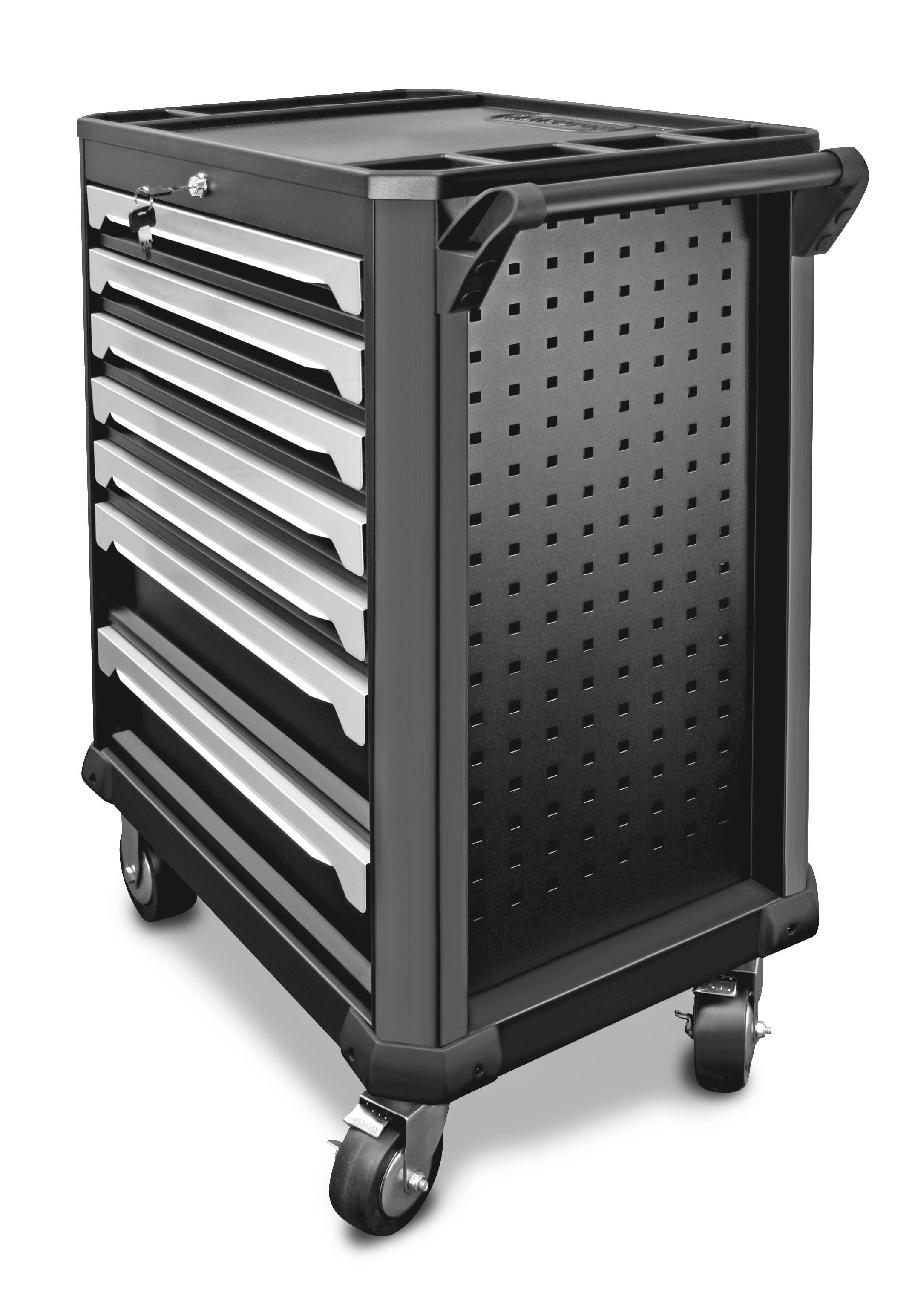 Schwarzer Werkstattwagen mit sechs silberfarbenen Schubladen, seitliche Lochwand, auf vier beweglichen Rädern.